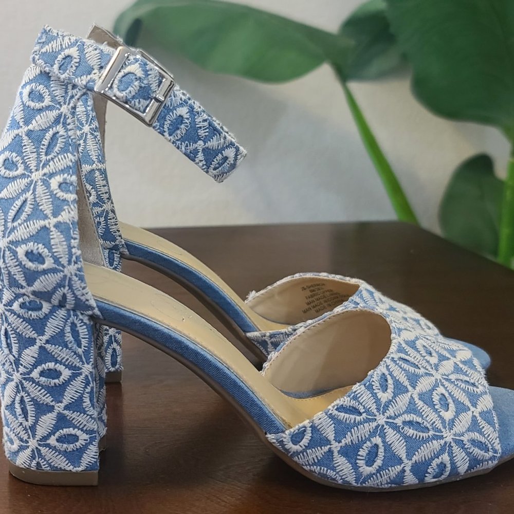Jessica Simpson Heels Floral Eyelet Denim